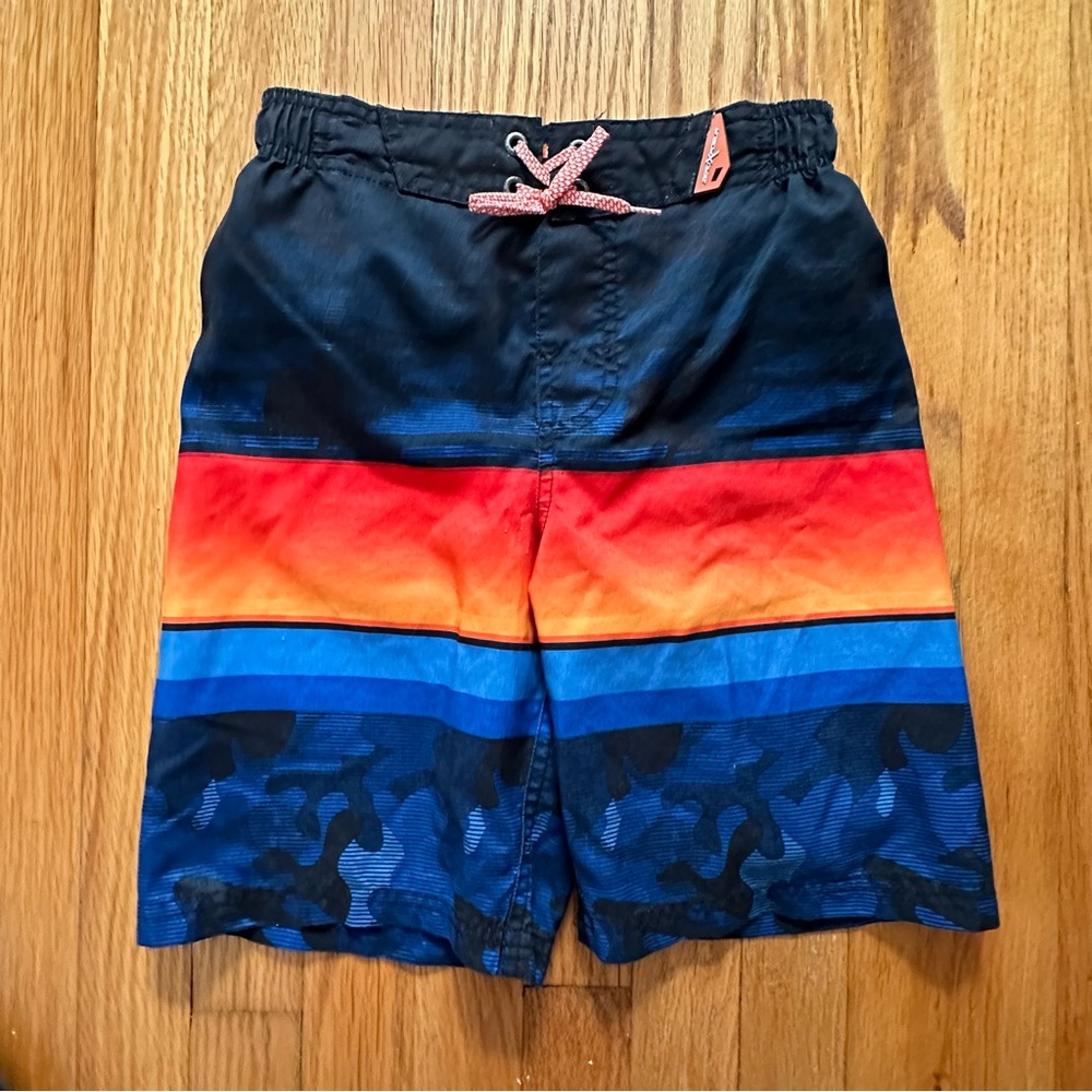 ZeroXposur Boys Swim Trunks Blue Orange Camo Stripe M 8 Polyester